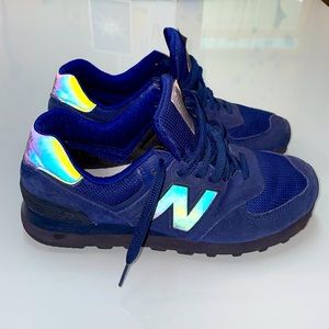 New Balance 574 Size 7.5 US M BLUE Rainbow Reflective Logos Excellent Condition